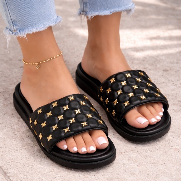 She Is Cheval Shoes - She Is Cheval Black Quilted Slide Sandals W/Gold Accents Comfort Designer Style